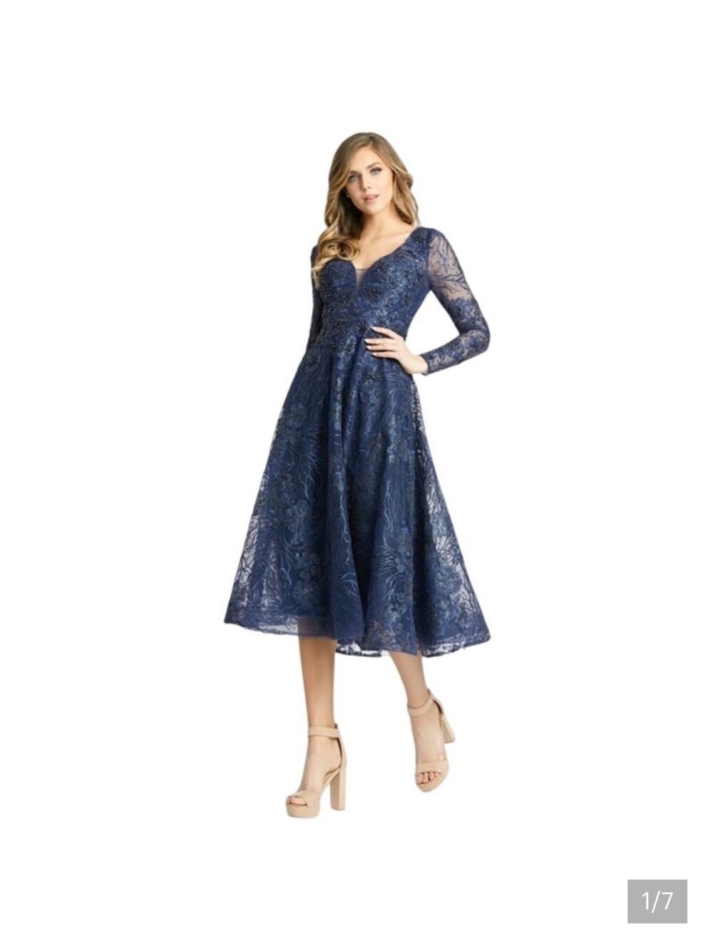MAC DUGGAL Dress Size 14 Evening Gown Sequin Navy Midi NEW Plunge Neck